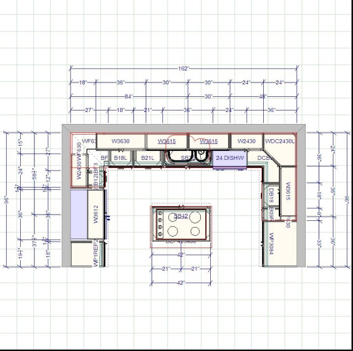 3D kitchen layout rendering created in 20/20 design software by Remodel Rebel